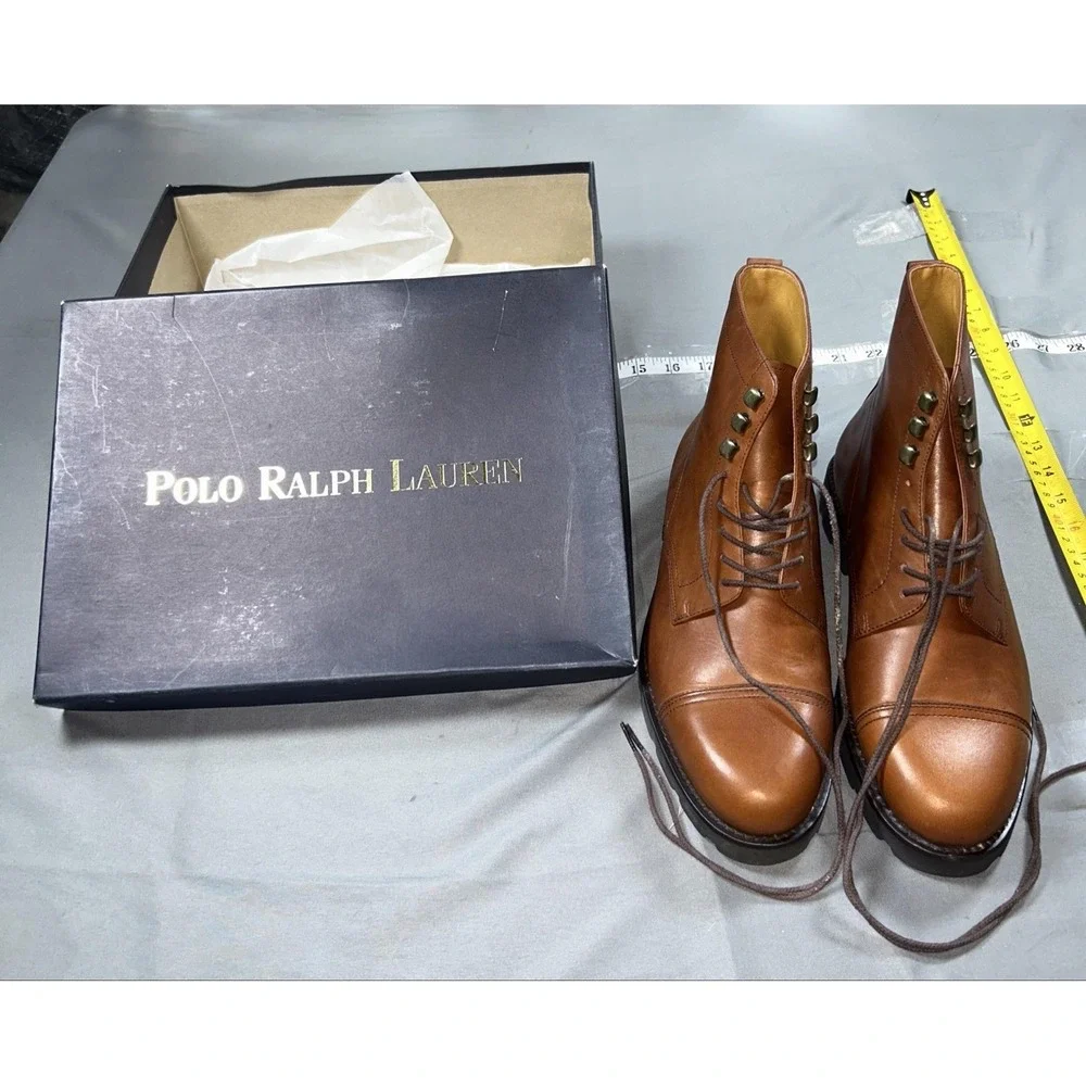 Polo Ralph Lauren Boots Mens Size 8.5 Brown Leather Lawrence Cap Toe Combat EUC